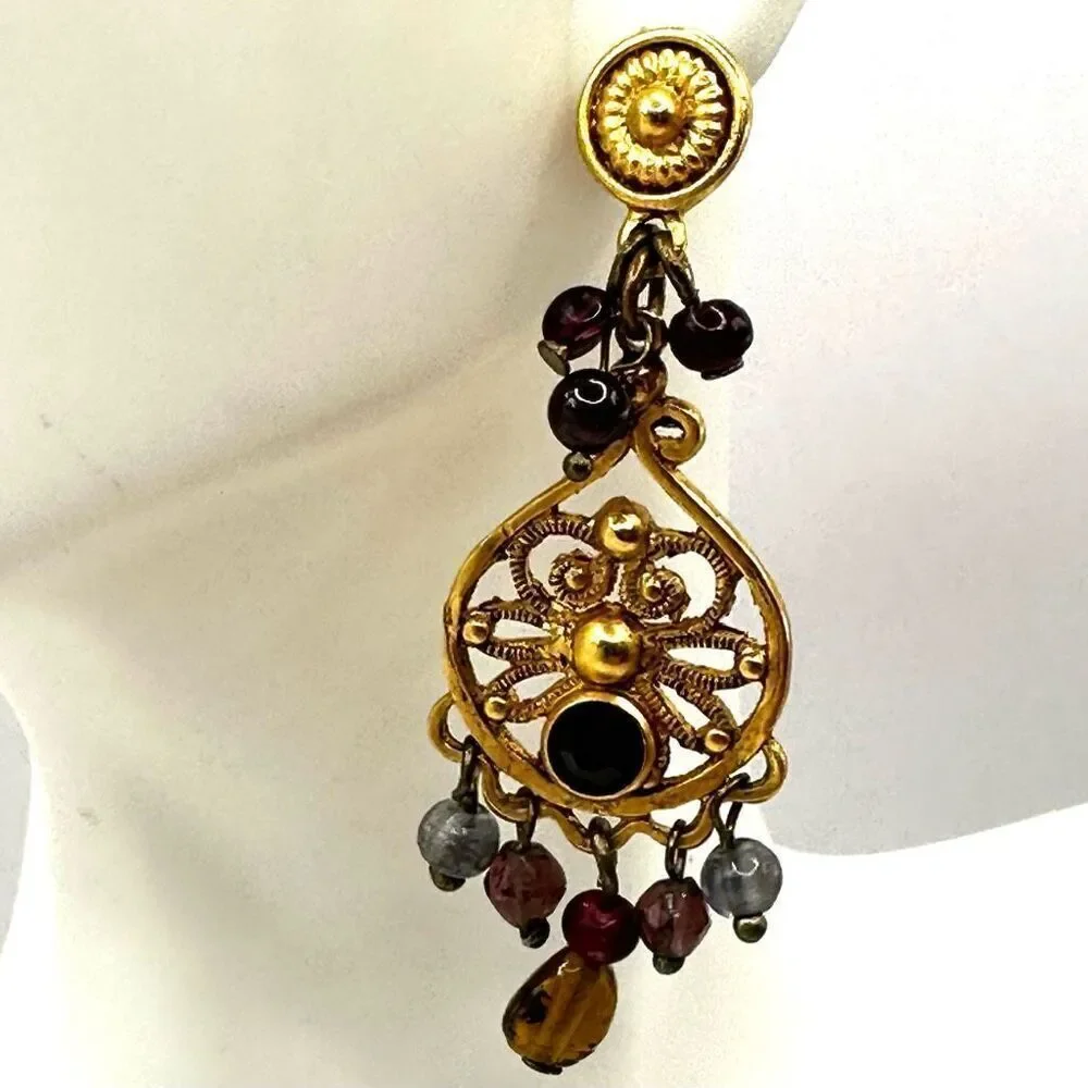 Gold tone beaded red rhinestone drop earrings
